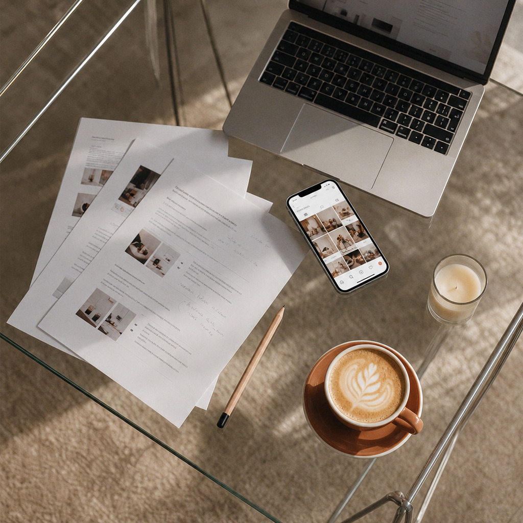 Markenblick Check: Bericht, Smartphone mit Instagram-Feed und Kaffee auf einem Glastisch